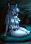  2019 anthro areola blue_eyes blue_hair breasts cervid deerstail detailed_background digital_media_(artwork) eyebrows eyelashes female forest grass hair hi_res mammal night nipples outside plant solo tree 