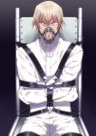  1boy amuro_tooru angry bangs black_background blonde_hair blue_eyes bound bound_arms chair clenched_teeth commentary_request gradient gradient_background hair_between_eyes k_gear_labo looking_at_viewer male_focus meitantei_conan muzzle parody short_hair simple_background sitting solo straitjacket teeth the_silence_of_the_lambs 