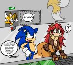  ? anthro bottomless canid canine clothed clothing darkwolfhybrid dialogue eulipotyphlan female fox gloves group hair handwear hedgehog hi_res male mammal melina_fox miles_prower red_hair running sonic_the_hedgehog sonic_the_hedgehog_(series) 