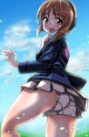  1girl absurdres anglerfish ass bangs blue_jacket blue_sky blurry blurry_background brown_eyes brown_hair cloud cloudy_sky commentary_request crotch_seam day emblem eyebrows_visible_through_hair from_behind frown girls_und_panzer hand_on_own_throat headphones highres jacket kentap lace-trimmed_panties lace_trim long_sleeves looking_at_viewer looking_back military military_uniform miniskirt nishizumi_miho ooarai_military_uniform open_mouth outdoors panties pantyshot petals pleated_skirt shirt short_hair skirt sky solo standing underwear uniform white_panties white_skirt wind wind_lift 