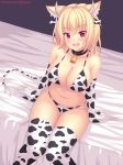  1girl animal_ear_fluff animal_ears animal_print arm_support artist_name bangs bell bikini blonde_hair breasts chinese_zodiac collarbone commentary covered_nipples cow_horns cow_print cow_tail cowbell detached_collar elbow_gloves english_commentary eyebrows_visible_through_hair front-tie_bikini front-tie_top gloves highres horns large_breasts looking_at_viewer multicolored multicolored_clothes multicolored_gloves multicolored_legwear navel nottytiffy original patreon_username red_eyes side-tie_bikini sitting solo swimsuit tail thighhighs tiffy_(nottytiffy) watermark web_address year_of_the_ox 