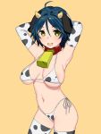  1girl animal_ears animal_print armpits arms_behind_head arms_up bare_shoulders bell bell_collar bikini blue_hair blush breasts breasts_apart collar covered_nipples cow_ears cow_girl cow_horns cow_print cow_tail cowbell elbow_gloves gloves high_school_fleet highres horns large_breasts looking_at_viewer micro_bikini navel onsen_tamago_(hs_egg) print_bikini print_gloves short_hair simple_background smile solo swimsuit tail upper_teeth yellow_background yellow_eyes 