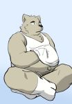  2021 anthro belly black_nose blue_background canid canine canis clothing domestic_dog fugashi4090 fur grey_body grey_fur hi_res kemono male mammal navel overweight overweight_male pubes shirt simple_background sitting solo topwear 