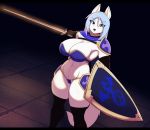  anthro armor big_breasts bikini_armor black_bars breasts camel_toe canid canine canis clothing female fighting_pose fur hi_res knight legwear letterbox mammal matypup melee_weapon pose shield solo sword thigh_highs unconvincing_armor warrior weapon white_body white_fur wolf 