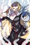  1girl :o black_dress blonde_hair breasts chain cleavage closed_eyes disgaea dress healer_(disgaea) highres large_breasts long_hair lovelesskia makai_senki_disgaea open_mouth outstretched_arms pointy_ears solo wide_hips 