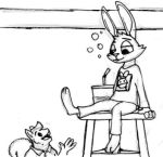  2016 3_toes 4_fingers anthro bendy_straw black_and_white bottomwear buckteeth calvin_lapin_(spiff) cheek_tuft clothing drunk_bubbles duo eye_contact facial_tuft fan_character feet fingers fluffy fluffy_tail fur furniture graphic_tee graphite_(artwork) lagomorph larger_male leporid long_sleeve_shirt long_sleeved_shirt long_sleeves looking_at_another looking_down looking_up low_res male mammal monochrome pants polo_shirt rabbit red_solo_cup rodent sciurid shirt simple_background sitting size_difference smaller_male spiff stool straw teeth tipsy toes topwear traditional_media_(artwork) tuft white_background white_body white_bottomwear white_clothing white_fur white_pants white_shirt white_topwear 