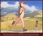  anthro backpack breasts clara_(funkybun) clothing english_text exhibitionism female footwear footwear_only funkybun hi_res hike lizard mostly_nude mountain nipple_piercing nipples outside piercing public reptile running scalie shoes shoes_only socks solo text 