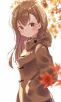  1girl autumn_leaves bangs blurry blurry_background blurry_foreground blush brown_coat brown_eyes brown_hair closed_mouth coat depth_of_field eyebrows_visible_through_hair hair_between_eyes hand_in_pocket highres himaneko. leaf long_hair long_sleeves looking_at_viewer looking_to_the_side maple_leaf misaka_mikoto simple_background solo to_aru_kagaku_no_railgun to_aru_majutsu_no_index white_background 