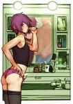  2boys 2n5 ass black_legwear brushing_teeth censored covered_nipples cup ear_piercing erection grin hair_over_one_eye heart heart_censor highres looking_at_viewer male_focus multiple_boys navel original otoko_no_ko panties penis piercing pink_panties purple_eyes purple_hair short_hair smile tank_top thighhighs underwear 