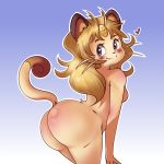  &lt;3 1:1 anthro anthrofied blonde_hair blush borrowed_character breasts butt fangs featureless_breasts felid female fur hair long_hair looking_back mammal meowth nintendo nude pok&eacute;mon pok&eacute;mon_(species) pok&eacute;morph purple_eyes rear_view signature simple_background smile standing unknown_artist video_games whiskers 