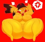  angry anthro big_breasts big_butt blush breasts butt clothing cross-popping_vein featureless_breasts featureless_crotch female fur gesture hat headgear headwear hi_res huge_breasts huge_thighs huwon looking_at_viewer mammal middle_finger nintendo overweight pikachu pok&eacute;mon pok&eacute;mon_(species) red_background rodent simple_background sitting solo team_rocket teeth thick_thighs tongue tongue_out tuft vein video_games white_eyes wide_hips yellow_body yellow_fur 