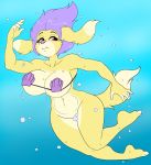 anthro bubble canid canine canis convenient_censorship domestic_dog female fur gradient_background hair hi_res mammal navel pink_nose purple_hair red_eyes rook_(skidd) seashell_bra simple_background skidd solo underwater water yellow_body yellow_fur 