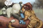  absurd_res anthro balls casual_nudity digital_media_(artwork) duo english_text felid fluffy fur genitals hair hi_res kodacine licking male male/male mammal nude pantherine pawpads paws penis simple_background smile text tiger tongue tongue_out white_body white_fur worship 