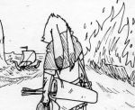  2017 ambiguous_gender anthro armor arrow_(weapon) belt black_and_white blood_on_arm cheek_tuft dipstick_ears ears_down facial_tuft fire flag headgear helmet holding_headgear holding_object horizon lagomorph leporid longboat longship low_res mammal medieval medieval_clothing monochrome multicolored_ears oar oars pivoted_ears quiver rabbit rear_view rowing sail sailing_ship sailing_watercraft sails sea ship solo spiff traditional_media_(artwork) tuft vehicle water watercraft 