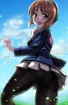 1girl absurdres anglerfish ass bangs black_legwear blue_jacket blue_sky blurry blurry_background brown_eyes brown_hair cloud cloudy_sky commentary crotch_seam day emblem eyebrows_visible_through_hair from_behind frown girls_und_panzer hand_on_own_throat headphones highres jacket kentap lace-trimmed_panties lace_trim long_sleeves looking_at_viewer looking_back military military_uniform miniskirt nishizumi_miho ooarai_military_uniform open_mouth outdoors panties panties_under_pantyhose pantyhose pantyshot petals pleated_skirt shirt short_hair skirt sky solo standing underwear uniform white_skirt wind wind_lift 
