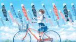  1girl basket bicycle black_hair blue_skirt blue_sky blush cloud cloudy_sky craft-cs feet_out_of_frame ground_vehicle koinobori long_sleeves neckerchief original pleated_skirt profile red_neckwear shirt short_hair skirt sky smile solo white_shirt wide_shot 