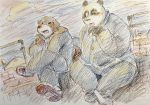  2021 anthro aotadobukitch belly black_body black_fur bottomwear canid canine canis clothing domestic_dog duo fur giant_panda hi_res humanoid_hands kemono male mammal outside overweight overweight_male pants shirt sitting topwear traditional_media_(artwork) ursid white_body white_fur 