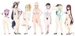  6+girls absurdres artoria_pendragon_(all) artoria_pendragon_(lancer) ass bangs berserkert bikini black_bikini blush breasts breasts_apart cleavage fate/grand_order fate_(series) flat_chest florence_nightingale_(fate/grand_order) full_body gloves highres huge_breasts large_breasts long_hair looking_at_viewer medium_breasts micro_bikini minamoto_no_raikou_(fate/grand_order) mordred_(fate)_(all) multiple_girls okita_souji_(fate)_(all) parted_bangs scathach_(fate)_(all) shirt signature simple_background smile swimsuit tagme white_background white_gloves white_shirt 