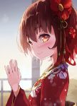  1girl blush brown_hair closed_mouth eyebrows_visible_through_hair fingernails floral_print from_side hair_between_eyes highres japanese_clothes kantai_collection kimono long_sleeves mutsuki_(kantai_collection) nyahu_(nyahu_77) print_kimono red_eyes red_kimono short_hair smile solo wide_sleeves 