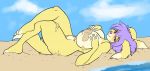  anthro beach big_breasts breasts canid canine canis domestic_dog female fur hair lying mammal nude on_back purple_hair red_eyes rook_(skidd) sand seaside skidd solo yellow_body yellow_fur 
