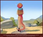  ambiguous_gender anthro backpack clara_(funkybun) clothed clothing english_text exhibitionism footwear footwear_only funkybun hi_res hike lizard mostly_nude mountain nude outside public reptile scalie shoes shoes_only socks solo text walking 