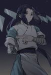  1boy black_background black_eyes black_hair commentary drruraguchi expressionless floating floating_object gradient gradient_background highres long_hair male_focus short_sleeves solo the_legend_of_luo_xiaohei upper_body very_long_hair wuxian_(the_legend_of_luoxiaohei) 