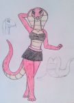  anthro blue_eyes bottomwear clothing cobra cobress colored_sketch female forked_tongue full-length_portrait hand_behind_head miniskirt pink_body pink_scales portrait redhoofsketch reptile scales scalie sketch skinny skirt slim smile snake snake_hood solo tan_underbelly tongue tongue_out topwear tube_top 