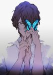  1boy absurdres arjuna_(fate/grand_order) bangs black_hair bug butterfly collared_shirt fate/grand_order fate_(series) finger_to_mouth grey_eyes hair_over_eyes highres insect male_focus open_clothes open_shirt shirt solo tan upper_body white_background 