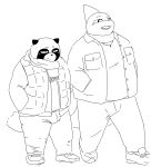  2021 absurd_res anthro black_and_white blush bonedra bottomwear bulge canid canine clothing duo fish hi_res kemono male mammal marine monochrome overweight overweight_male pants raccoon_dog scarf shark simple_background sketch sweater tanuki topwear white_background 