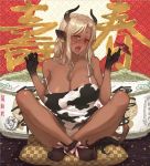  1girl animal_ears ass bare_shoulders blonde_hair blush breasts brown_gloves cleavage cow_ears cow_tail cup dark_skin dark_skinned_female ear_tag facial_mark fang forehead_mark gloves horns indian_style large_breasts long_hair looking_at_viewer open_mouth original panties red_eyes sakazuki shoe-ji sitting socks solo tail tongue tongue_out underwear white_panties 
