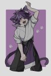  1boy animal_ears arm_up black_pants blush cropped_legs drruraguchi fengxi_(the_legend_of_luoxiaohei) hair_over_one_eye highres long_hair male_focus pants paw_print purple_background purple_hair shadow short_sleeves solo tail the_legend_of_luo_xiaohei 