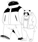  2021 absurd_res anthro black_and_white bonedra bottomwear bulge canid canine clothing duo hat headgear headwear hi_res hoodie kemono male mammal monochrome overweight overweight_male pants raccoon_dog shirt simple_background sketch tanuki topwear white_background 