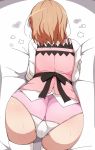  1girl absurdres all_fours ass back_bow bed_sheet bow cameltoe commentary_request facing_away from_behind gochuumon_wa_usagi_desu_ka? highres hoto_cocoa long_sleeves orange_hair panties partially_visible_vulva pink_panties pink_vest rabbit_house_uniform riyo_(aokiwazumi) shirt short_hair solo sweat thighhighs thighs underwear vest white_legwear white_shirt 