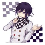  1boy :d artist_name bangs blush checkered checkered_scarf commentary_request cropped_torso danganronpa_(series) danganronpa_v3:_killing_harmony double-breasted grey_jacket hair_between_eyes hands_up index_finger_raised jacket long_sleeves looking_at_viewer lower_teeth male_focus open_mouth ouma_kokichi purple_eyes purple_hair scarf short_hair smile solo straitjacket upper_body y0e0k 