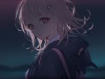  1girl backpack bag bangs black_jacket blurry blurry_background commentary danganronpa_(series) danganronpa_2:_goodbye_despair flipped_hair from_side hair_ornament hairclip highres hood hood_down hooded_jacket io_(sinking=carousel) jacket looking_at_viewer looking_to_the_side medium_hair nanami_chiaki parted_lips pink_eyes pink_hair shirt solo upper_body white_shirt 