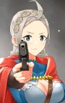  1girl absurdres ahoge blue_eyes breasts commission commissioner_upload fire_emblem fire_emblem_fates grey_background grey_hair gun hairband handgun highres holding igni_tion large_breasts looking_at_viewer nina_(fire_emblem) pointing pointing_at_viewer simple_background upper_body weapon 