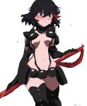  1girl 2021 absurdres behind_back black_gloves black_hair black_legwear blush breasts commentary_request dated elbow_gloves eyebrows_visible_through_hair furrowed_eyebrows gloves highres holding holding_weapon kill_la_kill looking_down matoi_ryuuko multicolored_hair navel nudist_beach_uniform pouch red_hair scissor_blade shiny shiny_hair simple_background solo streaked_hair takatisakana thighhighs tsurime underboob weapon white_background 