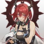  arknights ball_gag blush cuffs drooling gag gagged guangmi handcuffs highres horns long_hair purple_eyes red_hair saliva saliva_trail shackles surtr_(arknights) 