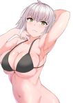  1girl arm_behind_head arm_up armpits bangs bare_shoulders bikini black_bikini blush breasts cleavage collarbone fate/grand_order fate_(series) jeanne_d&#039;arc_(alter)_(fate) jeanne_d&#039;arc_(fate)_(all) large_breasts looking_at_viewer navel short_hair sikijou77o silver_hair simple_background swimsuit white_background yellow_eyes 