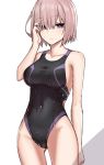  1girl bangs bare_shoulders black_swimsuit blush breasts collarbone elfenlied22 fate/grand_order fate_(series) hair_over_one_eye highleg highleg_swimsuit highres large_breasts light_purple_hair looking_at_viewer mash_kyrielight one-piece_swimsuit purple_eyes short_hair smile swimsuit thighs wet 