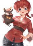  1girl chinese_clothes grey_eyes hand_on_hip hibiki_ryouga highres holding looking_at_viewer pig ponytail ranma-chan ranma_1/2 red_hair ryota_(ry_o_ta) scarf wet white_background 