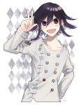  1boy :d bad_hand bangs black_hair buttons checkered checkered_scarf collarbone commentary_request cropped_torso danganronpa_(series) danganronpa_v3:_killing_harmony fang hair_between_eyes jacket long_sleeves looking_at_viewer male_focus open_mouth ouma_kokichi purple_eyes purple_hair scarf short_hair skin_fang smile solo straitjacket upper_body w y0e0k 