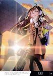  1girl absurdres ahoge artist_name backlighting bag bangs blush brown_eyes brown_hair cloud cloudy_sky coat earmuffs eyebrows_visible_through_hair fur_trim gradient gradient_sky hand_up handbag highres holding long_hair long_sleeves looking_away luggage melonbooks morikura_en open_mouth orange_sky page_number pantyhose scan scarf shiny shiny_skin skirt sky solo sunset winter_clothes winter_coat 