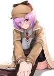  1girl ayul_(ayulneri_92) bangs book breasts brown_capelet brown_coat coat cosplay detective fate/grand_order fate_(series) hair_over_one_eye highres hololive hololive_english knees_up large_breasts light_purple_hair looking_at_viewer magnifying_glass mash_kyrielight necktie open_clothes open_coat purple_eyes red_neckwear short_hair sitting smile stethoscope thighhighs watson_amelia watson_amelia_(cosplay) 