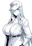  1girl absurdres belt blue_eyes blue_hair breasts cleavage colored_skin gloves hair_over_one_eye halcon hat hataraku_saibou_black highres large_breasts looking_at_viewer simple_background solo u-1196 white_background white_blood_cell_(hataraku_saibou) white_skin 