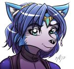  accessory anthro blue_hair canid canine clothing female fox fur green_eyes hair hair_accessory hairband hi_res krystal looking_at_viewer mammal mikeorion nintendo signature simple_background smile solo star_fox video_games 