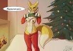  2020 abs absurd_res anthro areola athletic athletic_anthro athletic_female bedroom_eyes black_nose black_sclera blue_eyes breasts canid christmas christmas_tree clothed clothing clothing_lift countershade_torso countershading dialogue digimon digimon_(species) english_text eyelashes female fire fireplace flashing front_view fur genitals half-closed_eyes hi_res holidays inside looking_at_viewer mammal narrowed_eyes neck_tuft new_year nipples pants_down partially_clothed plant portrait pussy renamon sabrotiger seductive smile solo speech_bubble standing sweater sweater_lift talking_to_viewer text three-quarter_portrait topwear tree tuft yellow_body yellow_fur 