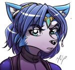  accessory anthro blue_hair canid canine clothing female fox fur green_eyes hair hair_accessory hairband hi_res krystal looking_at_viewer mammal mikeorion nintendo signature simple_background solo star_fox teeth video_games 