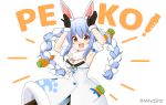 1girl :d animal_ear_fluff animal_ears armpits arms_up bangs bare_shoulders black_gloves black_leotard blue_hair blush bow braid breasts brown_legwear bunny_ears carrot_hair_ornament catchphrase commentary_request detached_sleeves don-chan_(usada_pekora) dress eyebrows_visible_through_hair food_themed_hair_ornament fur-trimmed_gloves fur_trim gloves hair_between_eyes hair_bow hair_ornament hololive leotard looking_at_viewer miicha multicolored_hair open_mouth pantyhose puffy_short_sleeves puffy_sleeves red_eyes short_eyebrows short_sleeves sidelocks simple_background small_breasts smile strapless strapless_dress strapless_leotard thick_eyebrows twin_braids twintails twitter_username two-tone_hair upper_teeth usada_pekora virtual_youtuber white_background white_bow white_dress white_hair white_sleeves 