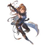  1girl arm_up armor armored_boots armpit_cutout bangs beatrix_(granblue_fantasy) belt blue_scrunchie bodysuit boots breasts brown_eyes brown_hair cape clothing_cutout full_body gauntlets gloves granblue_fantasy head_tilt high_heels leg_up long_hair looking_at_viewer official_art ponytail scrunchie shiny shiny_hair skin_tight smile solo teeth thighhighs transparent_background turtleneck 